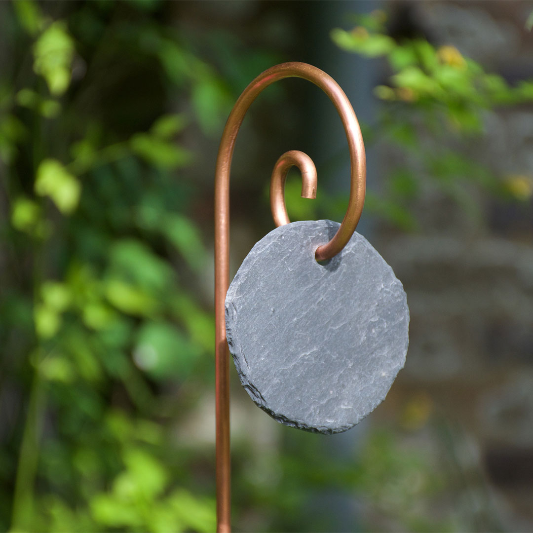 Etiquette de jardin en ardoise ronde sur tuteur Gustav en cuivre - Le Jardin de Léon